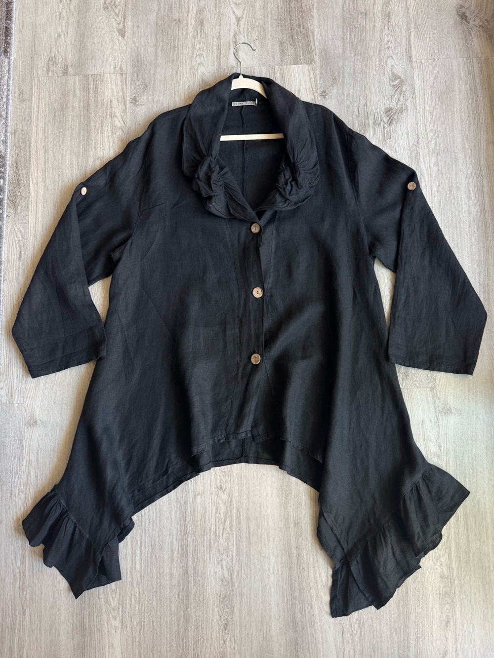 Tempo Paris Italian Linen Black Long Ruffle Asymmetrical Trim Cardigan Jacket L - Picture 9 of 12
